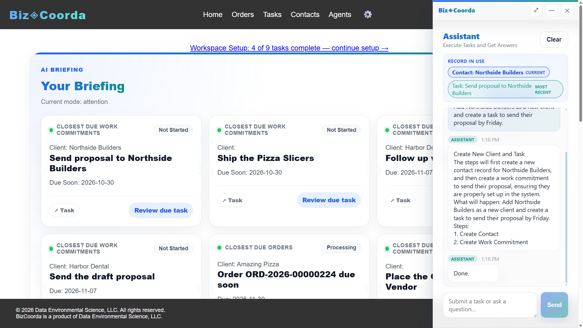 BizCoorda AI Business Assistant creating and coordinating an order.